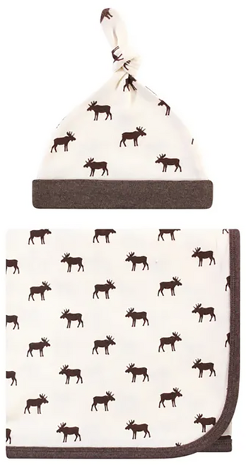 TOUCHED BY nature 有機棉嬰兒抱毯包巾毯 + 帽子組 柔軟彈力, 麋鹿