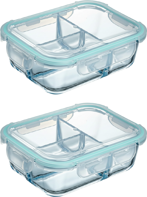 玻璃保鮮盒 長方形 三格 19.6 x 14.5 x 6.6cm 1040ml 1個, 2個, 1 個容器 + 1 個蓋子