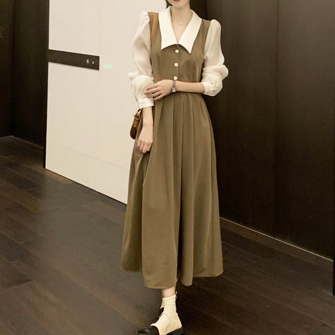 elsso. 赫本風翻領連身裙, 米色