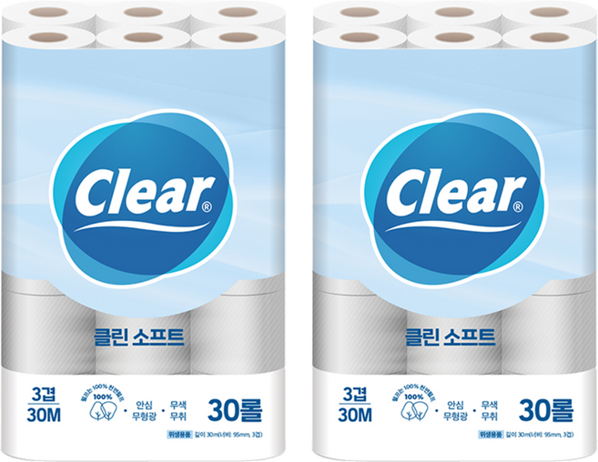 광진클리어 3겹 클린 소프트 천연펄프 화장지, 30m, 30롤, 2개