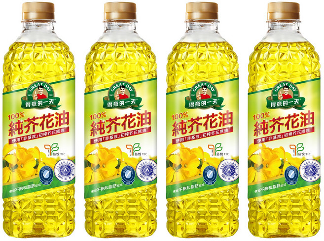 得意的一天 100%純芥花油 嚴選非基改芥花種籽榨出 油質透亮安定 適合各種烹飪方式, 1L, 4瓶