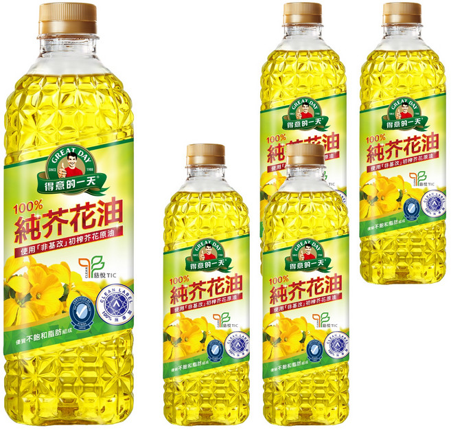 得意的一天 100%純芥花油 嚴選非基改芥花種籽榨出 油質透亮安定 適合各種烹飪方式, 1L, 5瓶