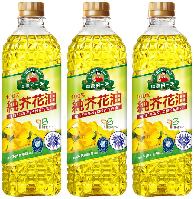得意的一天 100%純芥花油 嚴選非基改芥花種籽榨出 油質透亮安定 適合各種烹飪方式, 1L, 3瓶