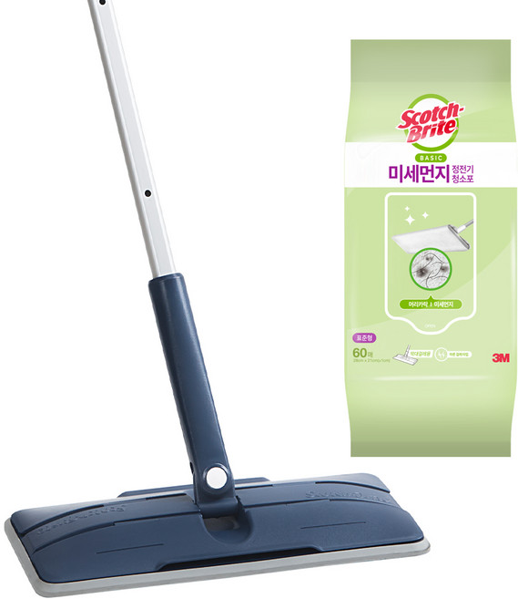 스카치브라이트 올터치 더블액션 막대걸레 블루 +베이직 미세먼지 정전기 청소포 60매, 1세트