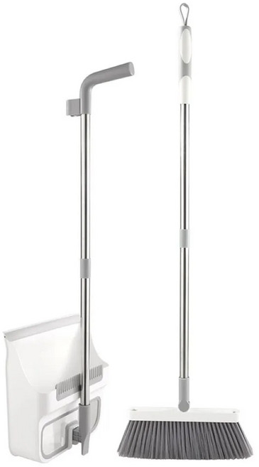 Maryya 美麗雅 不揚塵收納掃把畚斗組 45°斜角 貼合邊緣清掃 四排加密毛刷 不易揚塵漏灰 PET掃把絲, 白色 + 灰色, 1組