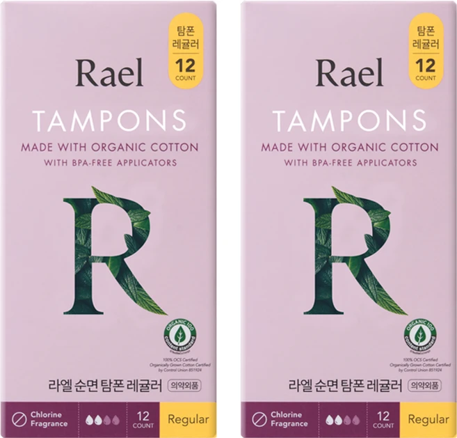라엘 유기농 순면 탐폰, 레귤러, 12개입, 2개 - 쿠팡