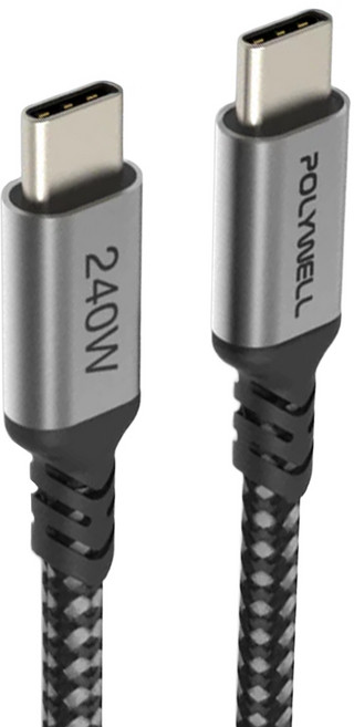 POLYWELL 寶利威爾 USB Type-C 240W 5A 快充編織線 長尾版, 1m, 黑色 + 灰色, 1條