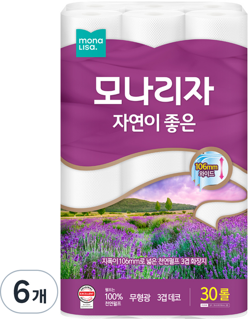 모나리자 자연이 좋은 천연펄프 3겹 고급롤화장지, 30m, 30롤, 6개