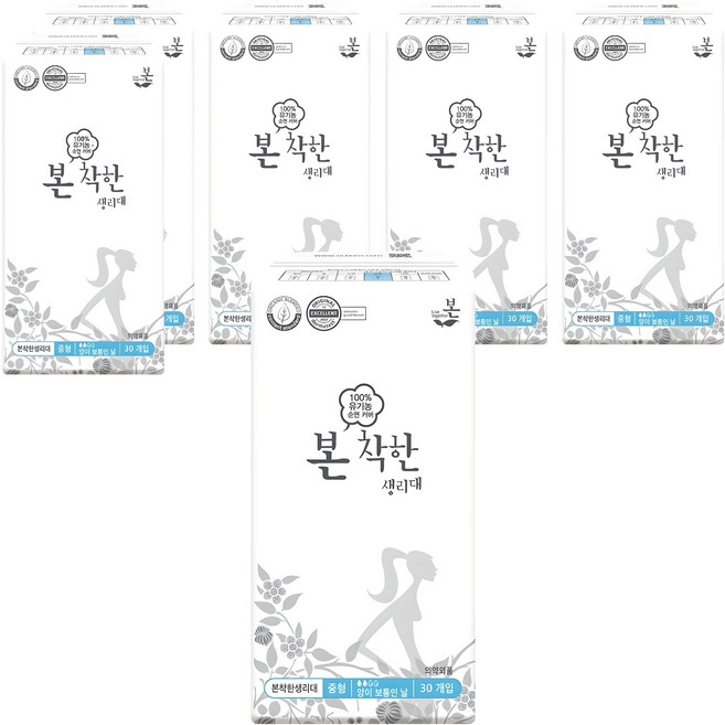 유기농본 착한 생리대 날개형, 중형, 30개입, 6개
