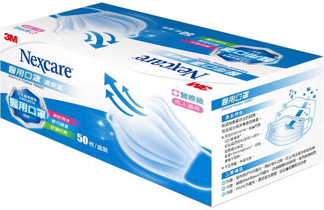 3M Nexcare 醫用口罩 成人散裝 7660C, 藍色, 50片, 1盒
