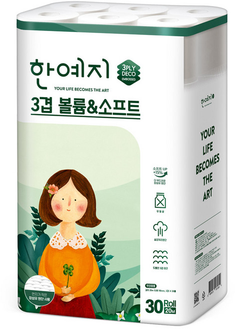 한예지 천연펄프 3겹 볼륨 앤 소프트 롤 화장지, 20m, 30롤, 1개