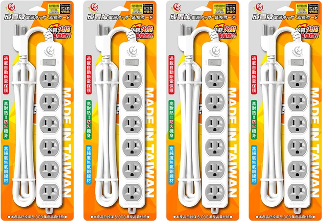 CENTENARY 成電牌 1切6座 15A延長線 3孔, 2.7m, 白色, 4條