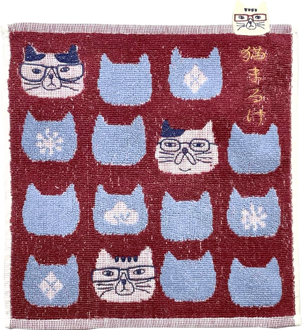 kUSUgURU JAPAN 日本眼鏡貓 NEKOMARUKE貓丸系列 絨毛刺繡提花毛巾手帕, 紅色, 1條
