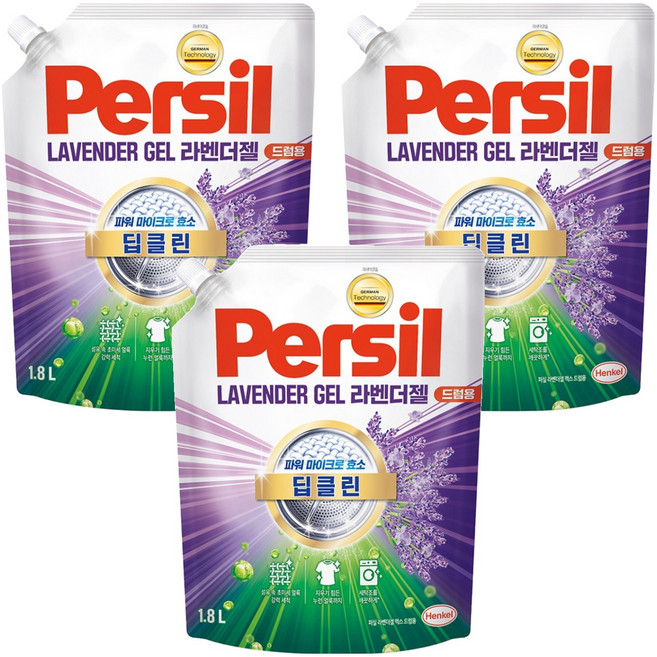 퍼실 딥클린 초미세세탁 라벤더젤 맥스 드럼용 액체세제 리필, 1.8L, 3개