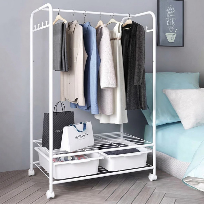 德利生活 多功能落地鐵藝可移動掛衣帽收纳架 網板 + 收納盒 2個, 簡約白