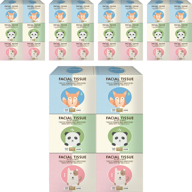복이많은집 천연펄프 미니 미용티슈 250매 2겹, 6개입, 5개