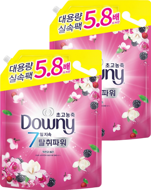 다우니 7일 지속 탈취파워 초고농축 섬유유연제 목련과베리 리필, 4.1L, 2개