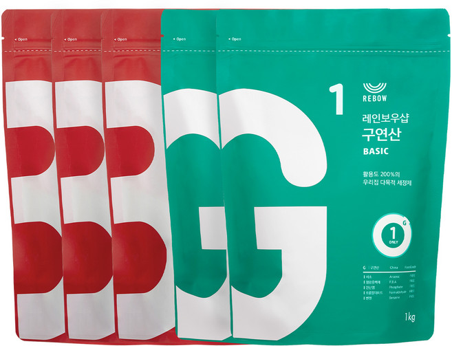 레인보우샵 베이킹소다 베이직 1kg x 3p + 구연산 베이직 1kg x 2p 리필 파우치 타입 세트, 1세트
