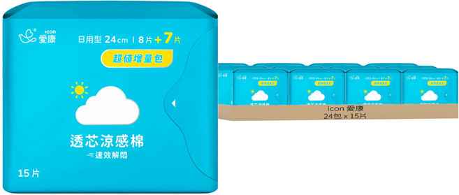 icon 愛康 透芯涼感衛生棉, 日用型(24cm), 15片, 24包