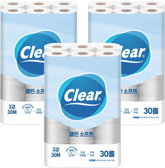 Clear 3層潔淨柔軟天然紙漿衛生紙, 30m, 30捲, 3個