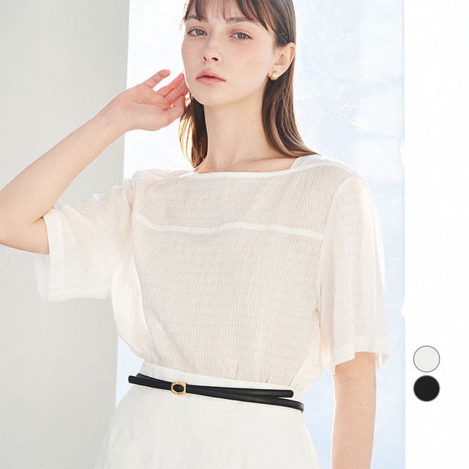 ELLE PARIS 여성용 스퀘어넥 돌만 슬리브 스트라이프 시어서커 블라우스