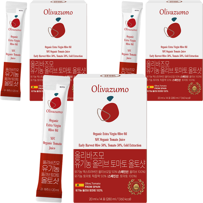 올리바즈모 유기농 엑스트라버진 올리브 토마토 올토샷 스틱, 3개, 280ml