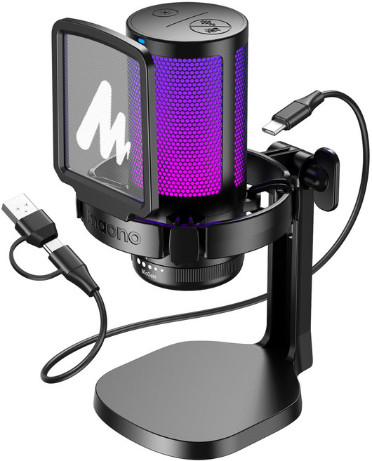 마오노 원터치 노이즈캔슬링 USB 콘덴서 방송용 녹음용 게이밍 마이크, 블랙, DGM20, 블랙