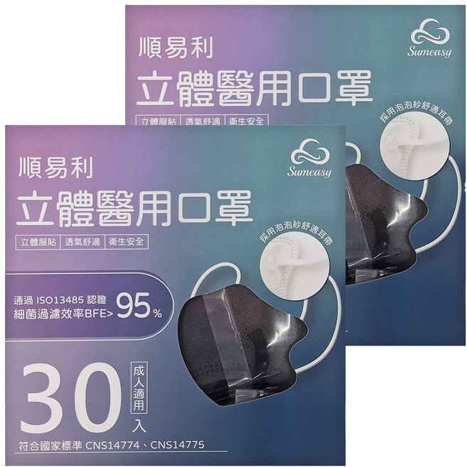 順易利 成人立體醫用口罩, 太空灰, 30片, 2盒