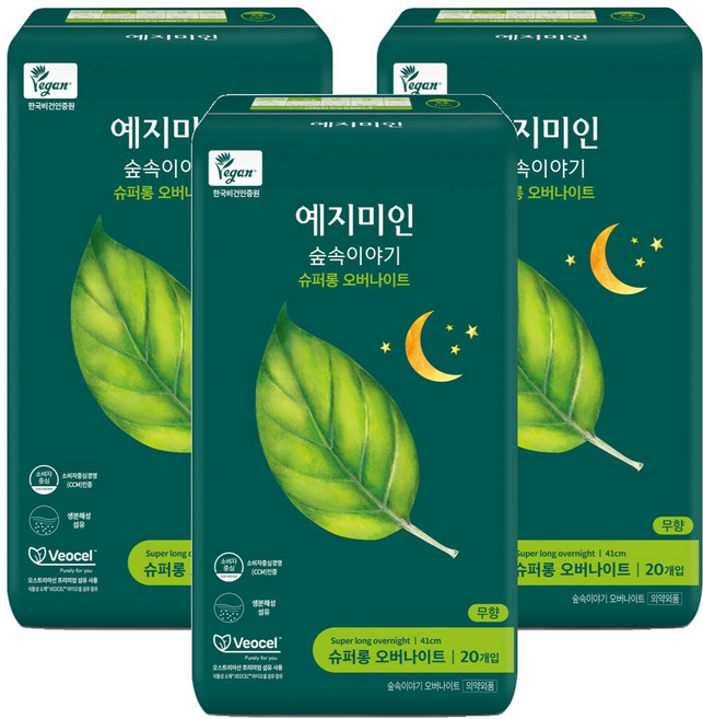 예지미인 숲속이야기 비오셀 슈퍼롱 오버나이트 생리대 날개형, 패드형, 20개입, 3개