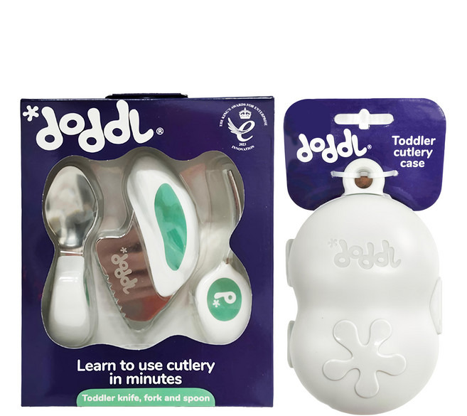 doddL 人體工學兒童學習餐具組, 湖水綠, 幼兒湯匙 + 叉子 + 刀子 + 攜帶盒, 1組