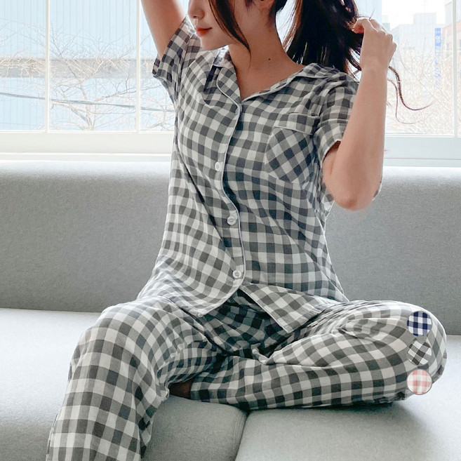어나더디 여성용 통기성 모노체크 반팔 잠옷 상하의 세트
