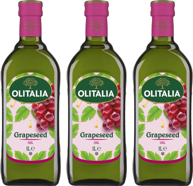 OLITALIA 奧利塔 葡萄籽油 高含量Omega-6不飽和脂肪酸 富含花青素(OPC) 油品穩定 耐高溫且低油煙, 1L, 3瓶