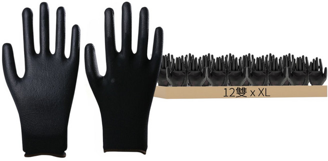 PU工作防滑手套, 黑色, 12雙