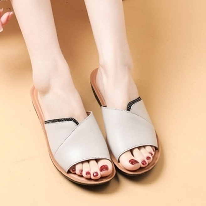 真皮頭層牛皮女士防滑室外一字拖拖鞋 LS24, 米色, 1雙