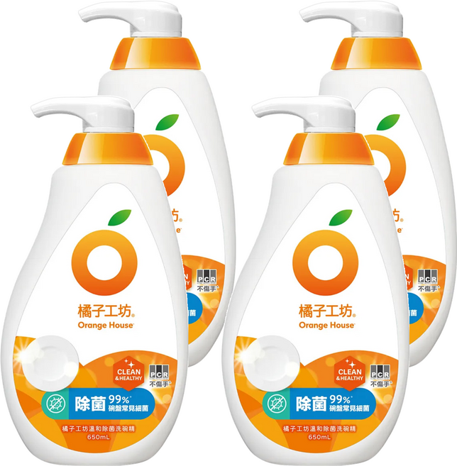 Orange House 橘子工坊 溫和除菌碗盤洗滌液, 650ml, 4瓶