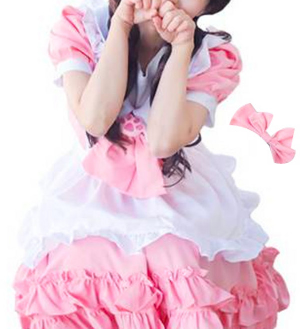 스투피드 Nine9 큐티 로리타 원피스 + 앞치마 + 머리띠 + 리본 코스프레 풀 세트, 핑크, 1세트