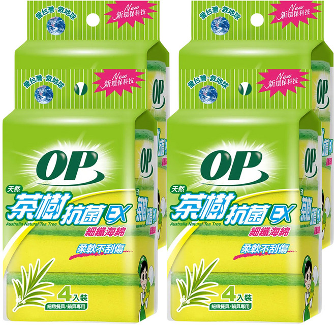 OP 茶樹抗菌海綿菜瓜布, 4個, 4包