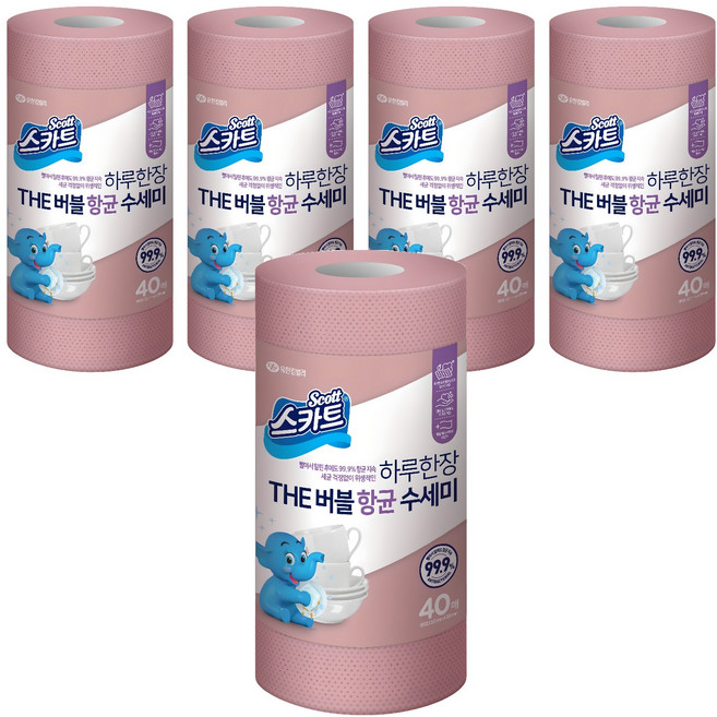스카트 하루한장 THE 버블 항균 수세미, 로즈핑크, 40개입, 5개