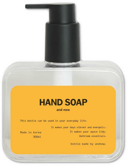 국내 제조 슬림형 액상형 핸드워시 리필용기 300ml + HAND SOAP 라벨 세트, 투명 + 화이트(용기), 옐로우(라벨지), 1세트
