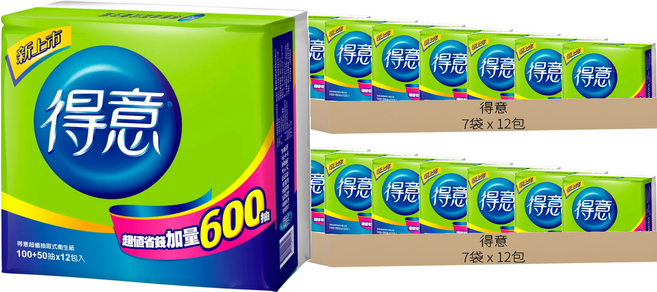 得意 超值抽取式衛生紙 150張, 12包, 14袋