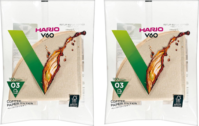 HARIO 好璃奧 V60無漂白03濾紙 VCF-03-100M 1~6杯, 100張, 2包