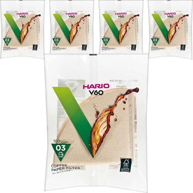 HARIO 好璃奧 V60無漂白03濾紙 VCF-03-100M 1~6杯, 100張, 5包