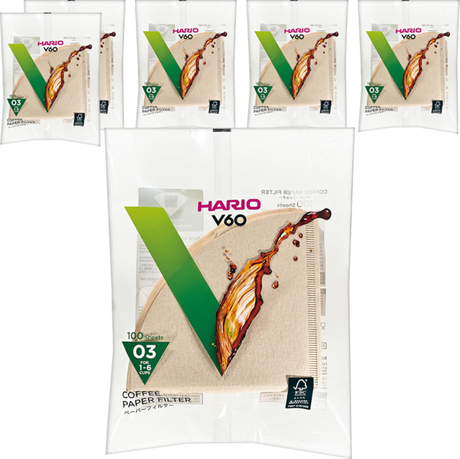 HARIO 好璃奧 V60無漂白03濾紙 VCF-03-100M 1~6杯, 100張, 6包