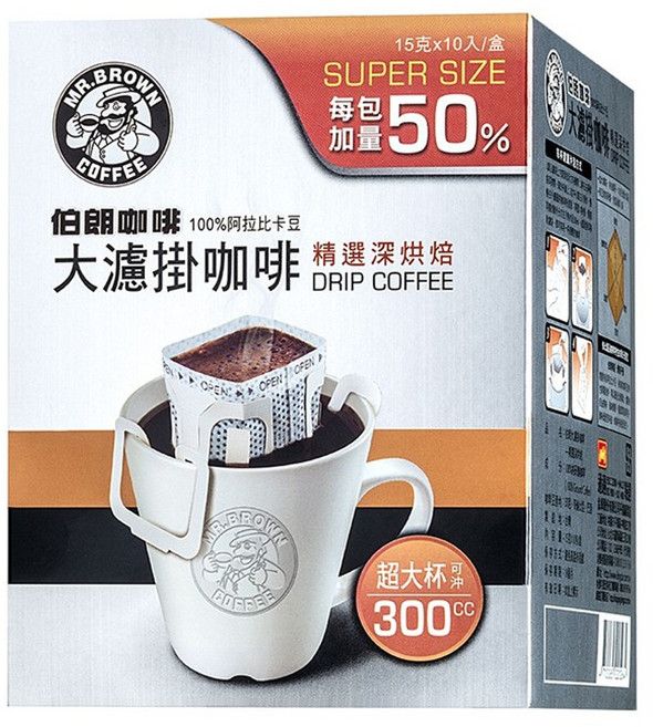 金車 MR.BROWN 伯朗咖啡 大濾掛咖啡 精選深烘焙, 15g, 10包, 1盒