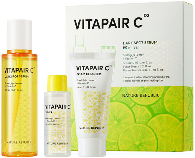 NATURE REPUBLIC VITAPAIR C淨白大容量禮盒組 精華液 90ml + 化妝水 30ml + 潔面乳 30ml, 1組
