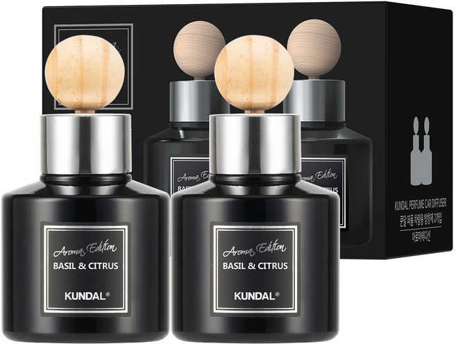 쿤달 퍼퓸 아로마 에디션 차량용 디퓨저 75ml 2개 + 우드볼스틱 2개, 바질앤시트러스, 1개