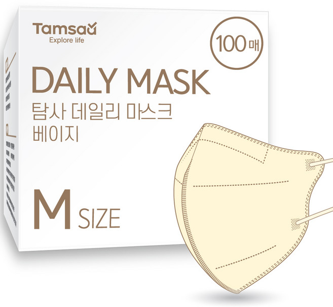 탐사 국내생산 데일리 컬러 마스크 새부리형 중형 슬림핏 성인용, 베이지, 100개입, 1개