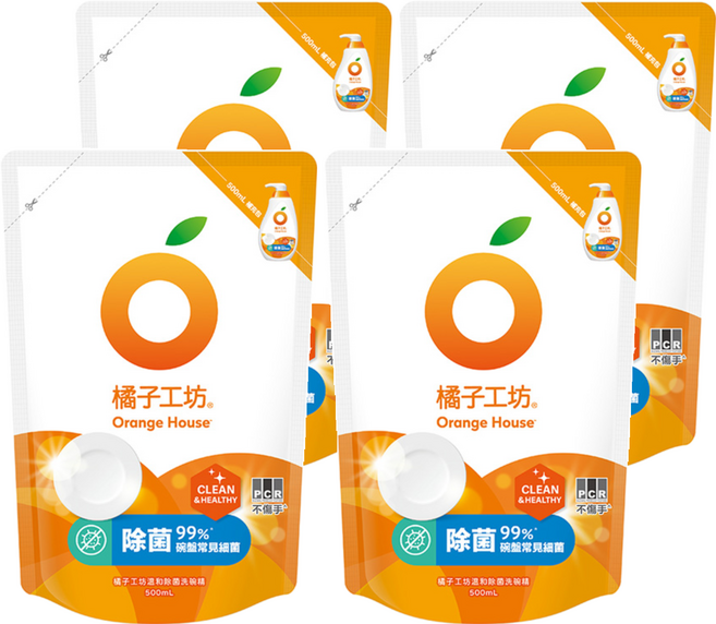 Orange House 橘子工坊 溫和除菌洗碗精補充包, 500ml, 4包