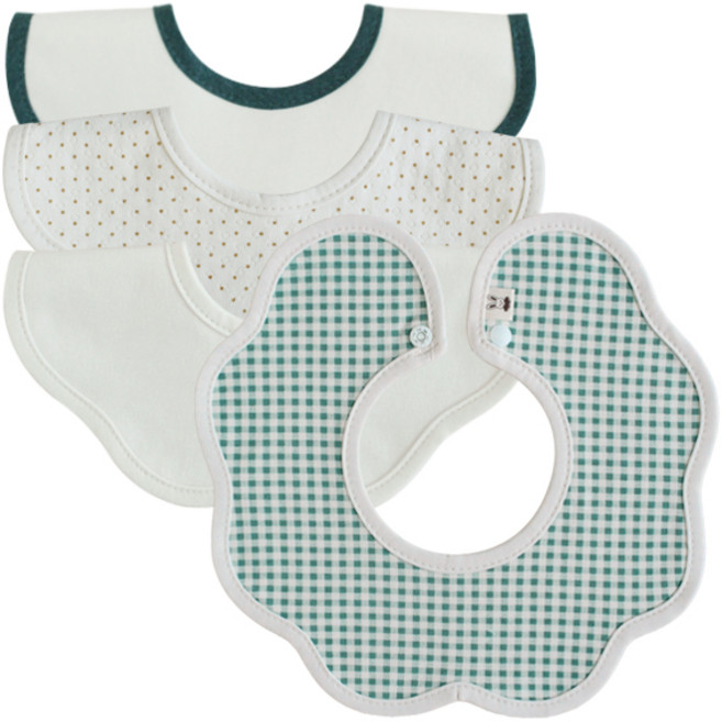 花型棉質圍兜, 薄荷綠格紋+米色+迷你點點+卡其綠 米色, 4件, 1組