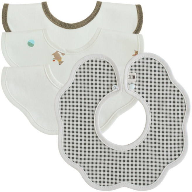 花型棉質圍兜, 棕色米色+花栗鼠+米色+炭灰色格紋, 4件, 1組